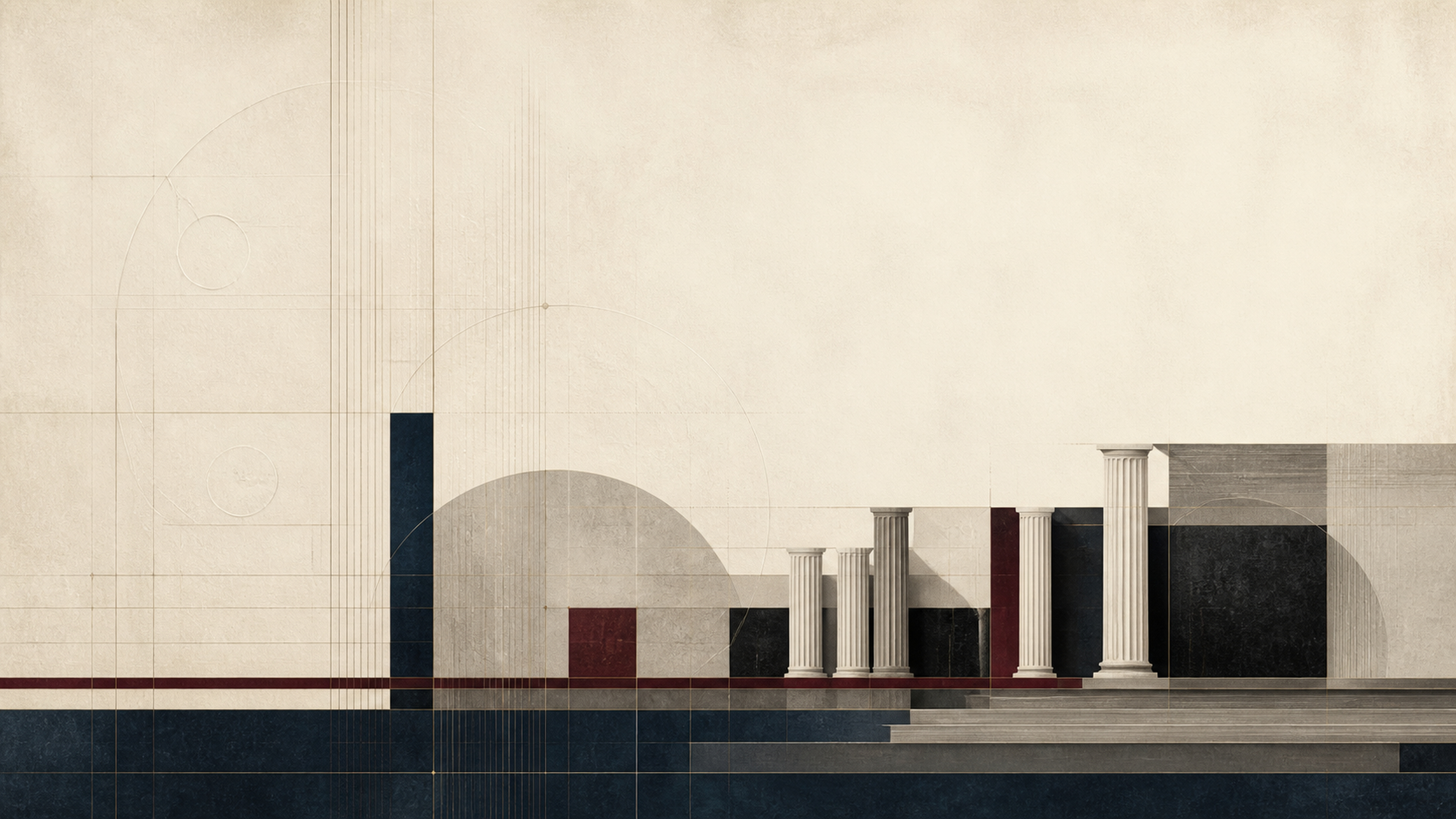 A classical architectural elevation of columns in ivory, navy, and burgundy, the Charter visual world