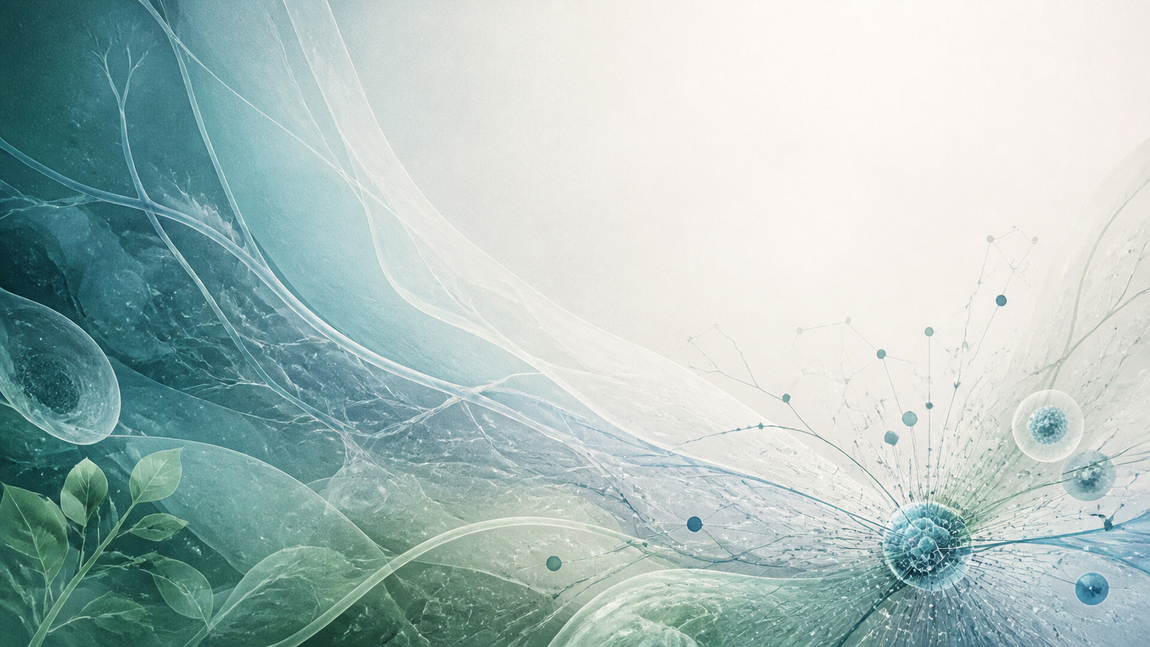 Translucent cellular and botanical forms in teal and green, the Health Nexus visual world