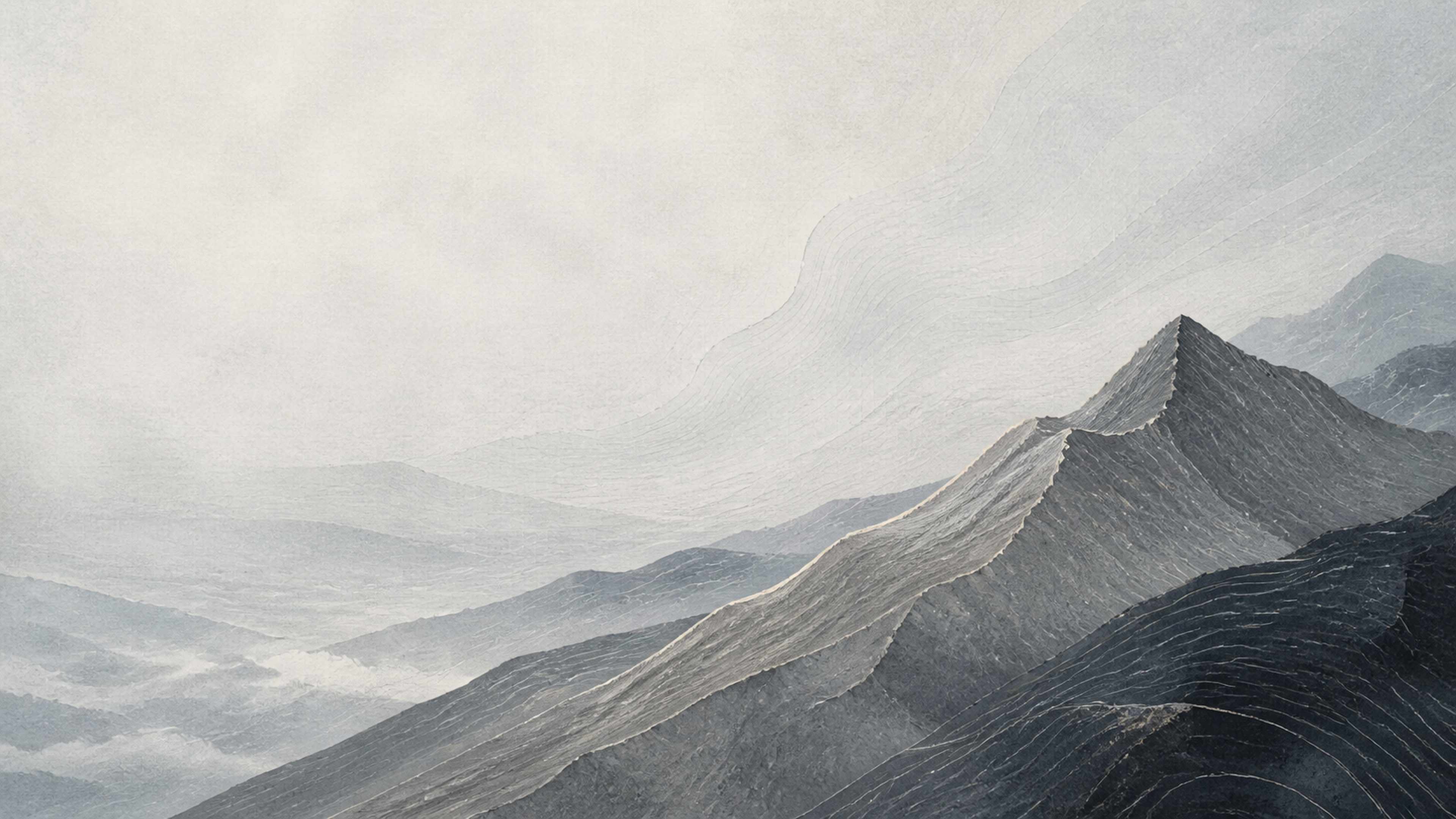 A painterly mountain ridge in cool grey and blue, the Ridgeline visual world