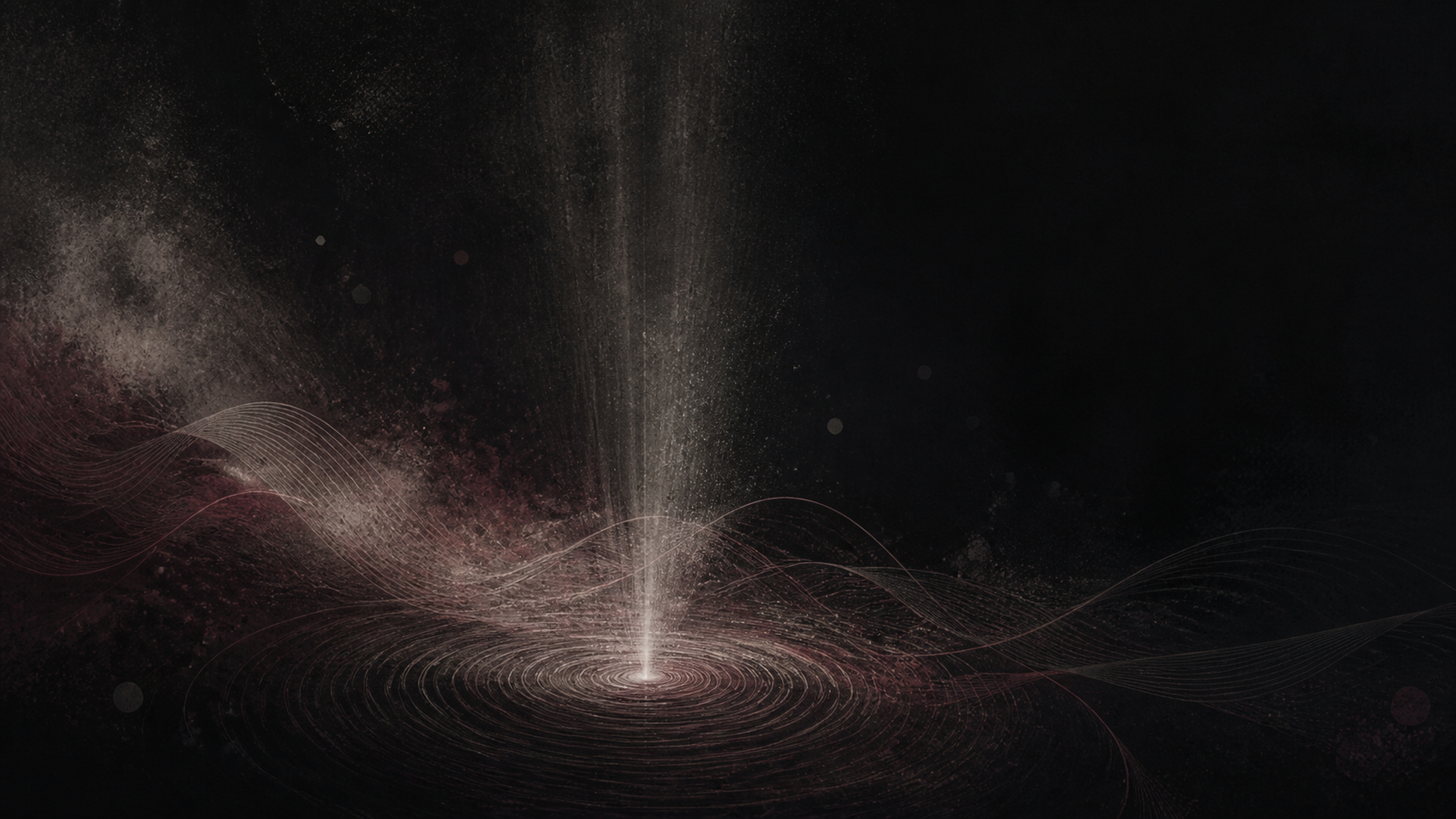 A single column of light rising from dark concentric ripples, the Threnody visual world
