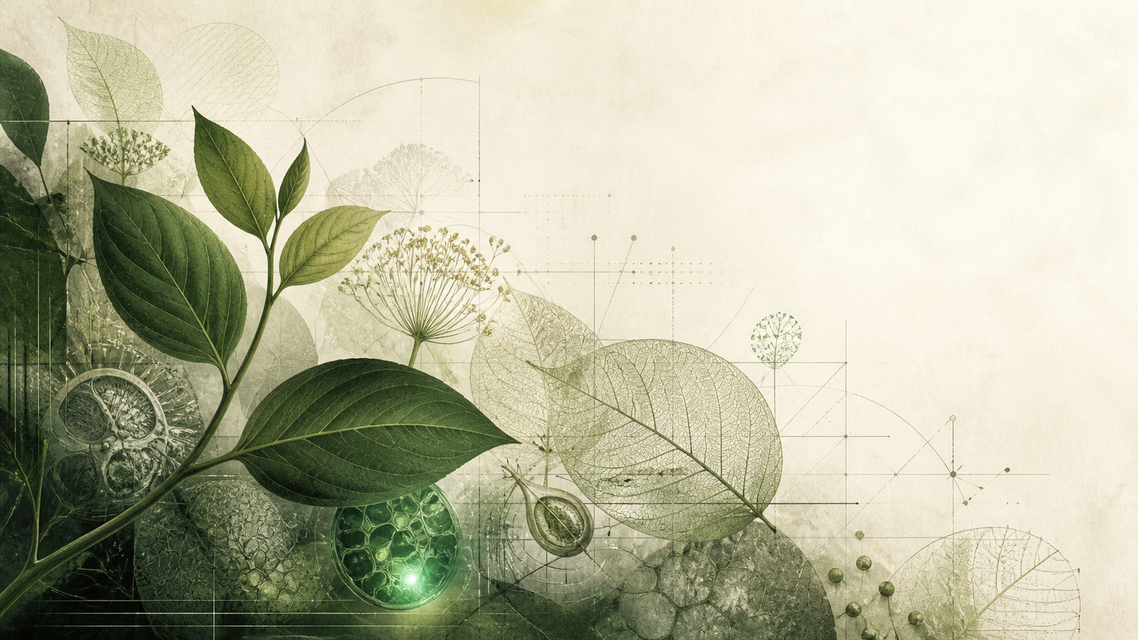A botanical illustration of leaves and seed pods in green on cream, the Verdant Science visual world